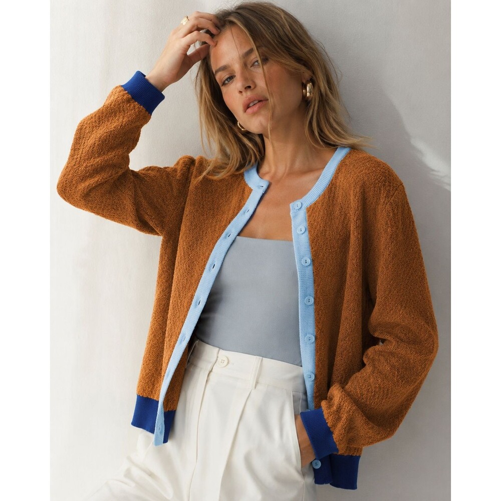 ZARA Women L Color Block Brown Blue Knit Cardigan Button Front Linen Blend